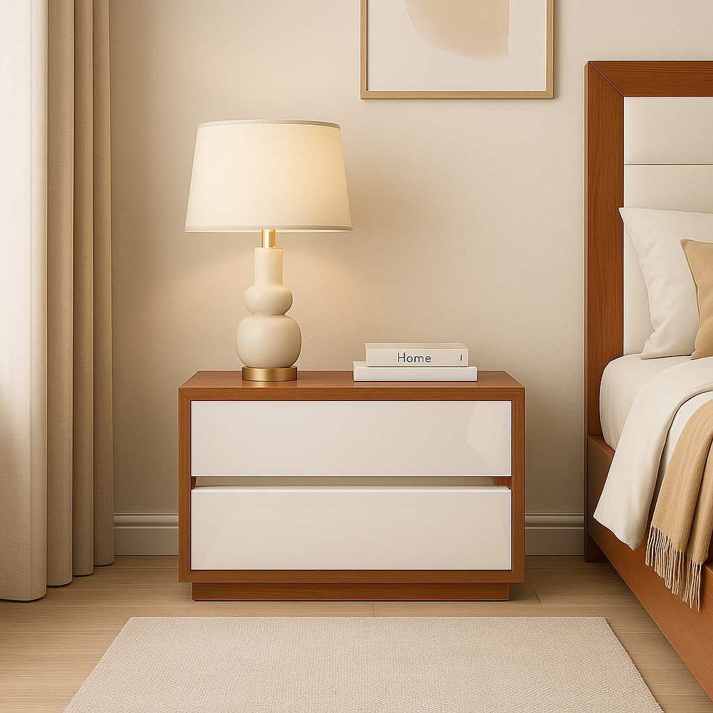 Mesa de Cabeceira- Branco glossy + Castanho- (esquerda) L590 x L400 x A460 