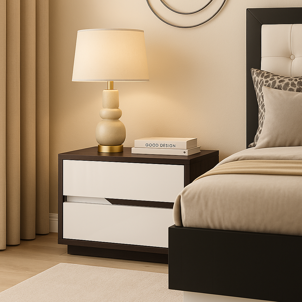 Mesa de Cabeceira-Branco glossy + castanho nogueira (esquerda) L590 x L400 x A460 