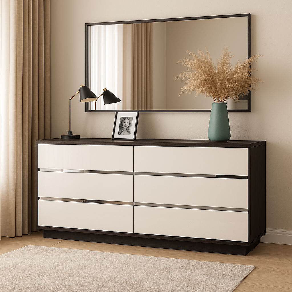 Aparador de quarto L1400 x L400 x A800 Branco glossy + castanho nogueira, com Espelho rectangular 