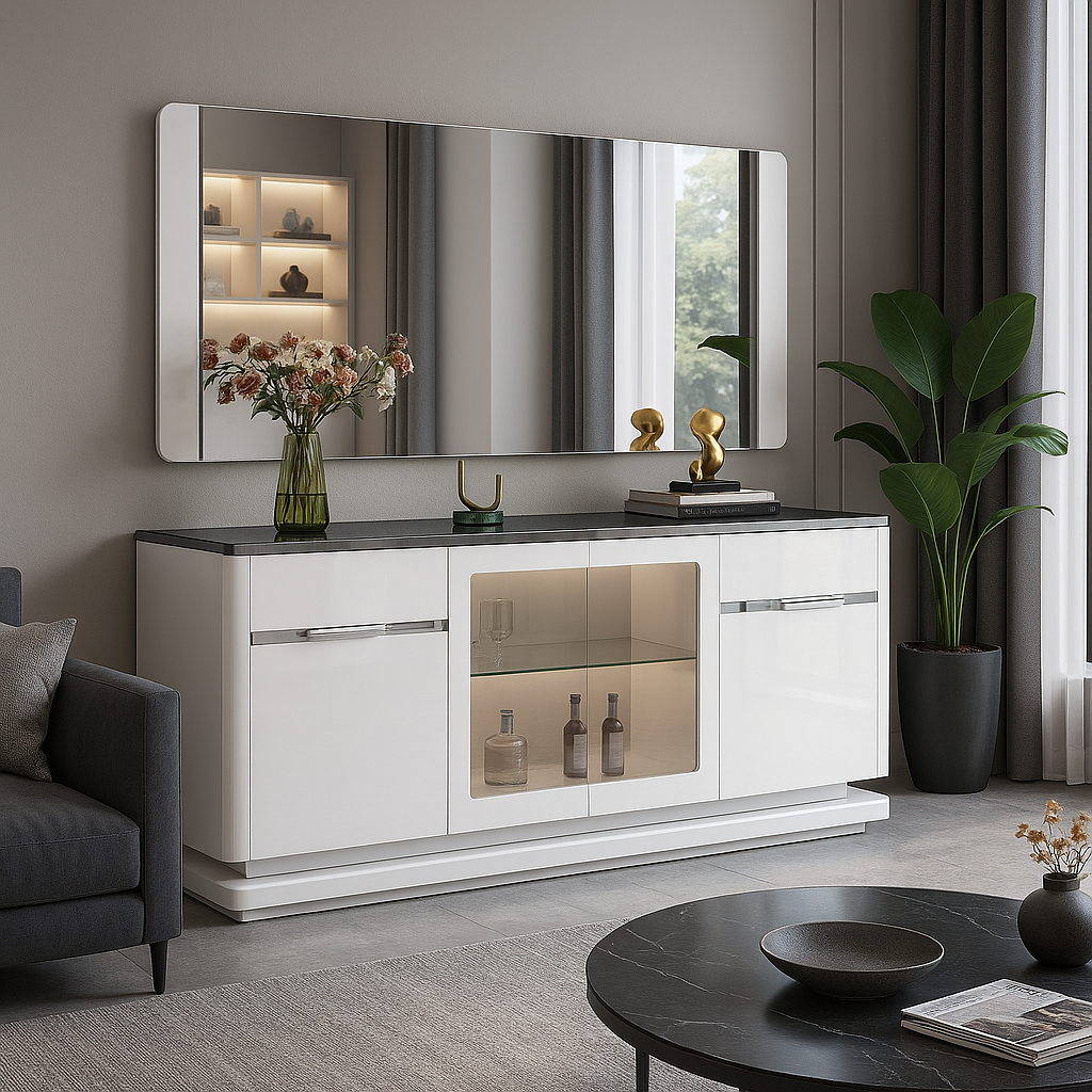 Armário sala de jantar L1800 x L400 x A850 Branco glossy + vidro preto