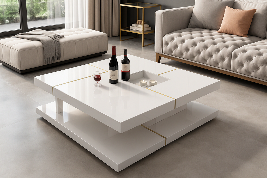 Mesa de café*- Branco glossy + Dourado- L1000 x L1000 x A380 