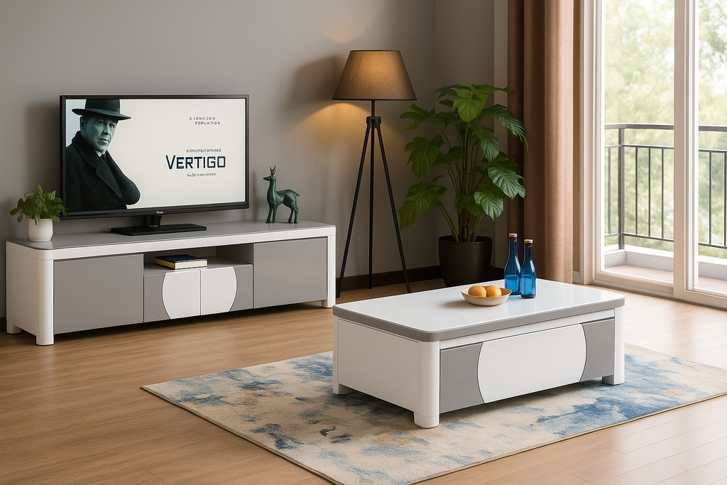 Rack de TV- Branco glossy + Cinza com Mesa de café -L2000 x L400 x A450 