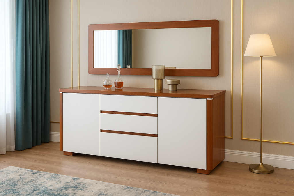 Armário sala de jantar L1800 x L400 x A800 Branco glossy + Castanho