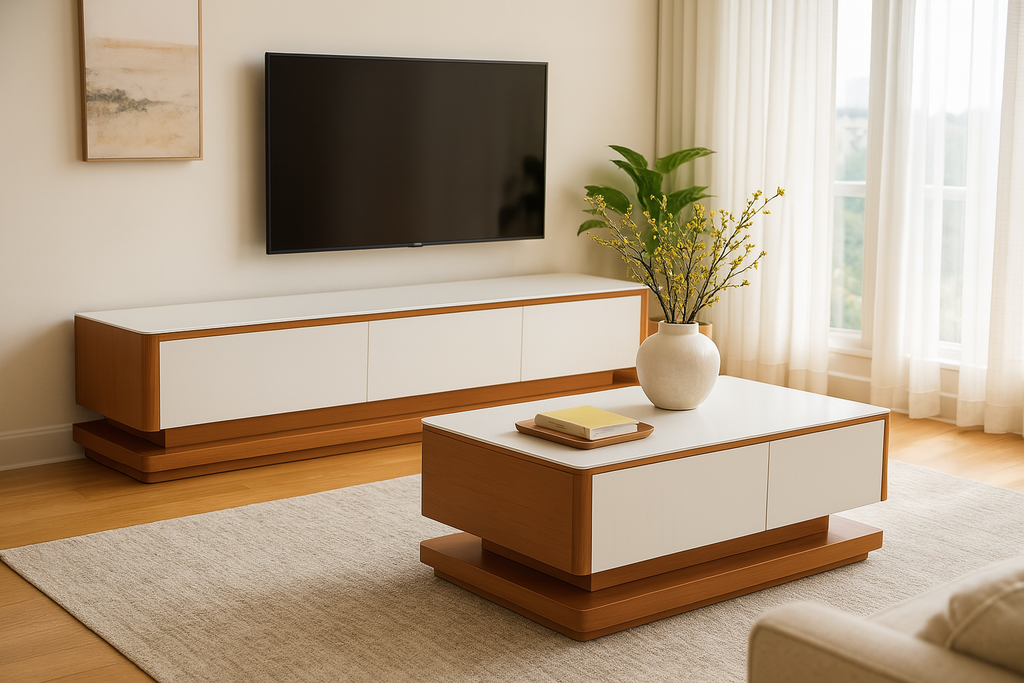 Rack de TV L2000 x L400 x A410 Branco glossy + Castanho