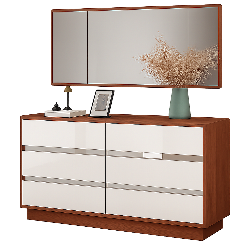 Comoda de quarto-Branco glossy + Castanho L1400 x L400 x A800, com Espelho rectangular 