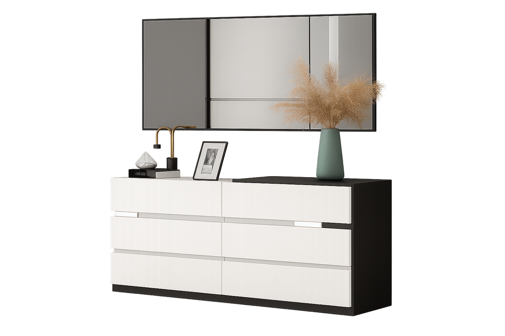 Aparador de quarto L1400 x L400 x A800 Branco glossy + castanho nogueira, com Espelho rectangular 