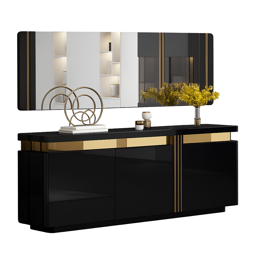 Aparador e Espelho sala de jantar- Preto glossy + Dourado L1800 x L400 x A800 