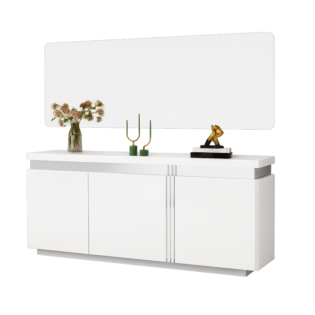 Armário sala de jantar- Branco glossy + Cromo com espelho- L1800 x L400 x A800 