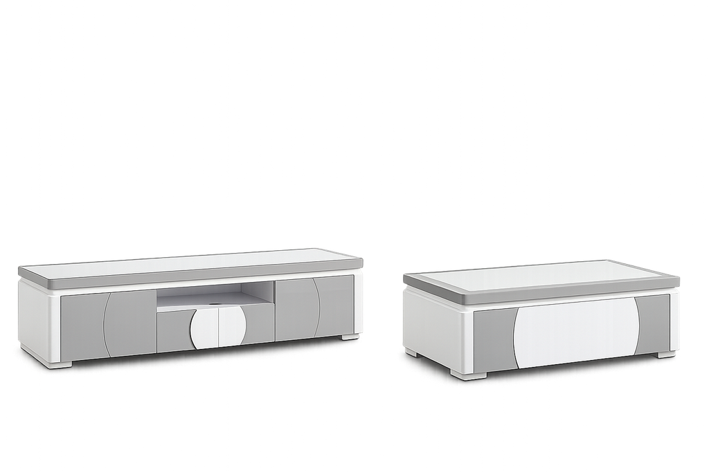 Rack de TV- Branco glossy + Cinza com Mesa de café -L2000 x L400 x A450 