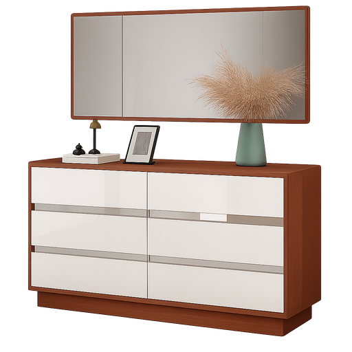 [90140-DGBR/WT] Comoda de quarto-Branco glossy + Castanho L1400 x L400 x A800, com Espelho rectangular 