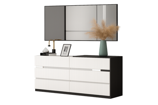 [90136-DGWN/WT] Aparador de quarto L1400 x L400 x A800 Branco glossy + castanho nogueira, com Espelho rectangular 