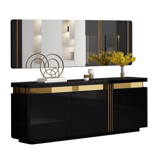 [90550-DNBKGD] Aparador e Espelho sala de jantar- Preto glossy + Dourado L1800 x L400 x A800 