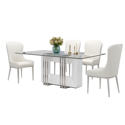 [90494DTL2010WT/CH] Mesa de jantar- Branco glossy + Cromo com 8 cadeiras- L2000 x L1000 x A760 